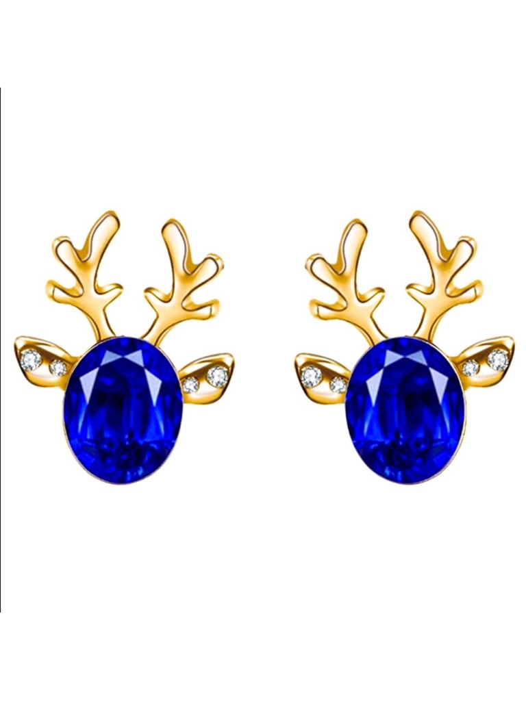 Reindeer Blue & Gold Crystal Stud Christmas Holiday Earrings Nwt